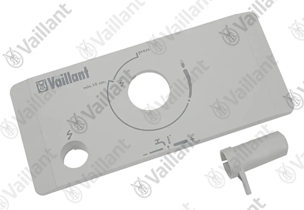 Vaillant Frontblende in hellgrauer Farbe mit mehreren Einstell- und Kontrollsymbolen sowie einer abnehmbaren Kappe auf der rechten Seite.